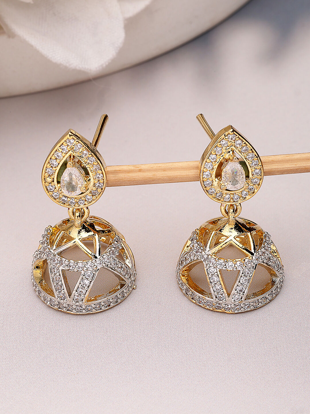 NVR Wome's Gold-Polished AD- Studded Jhumki Earrings
