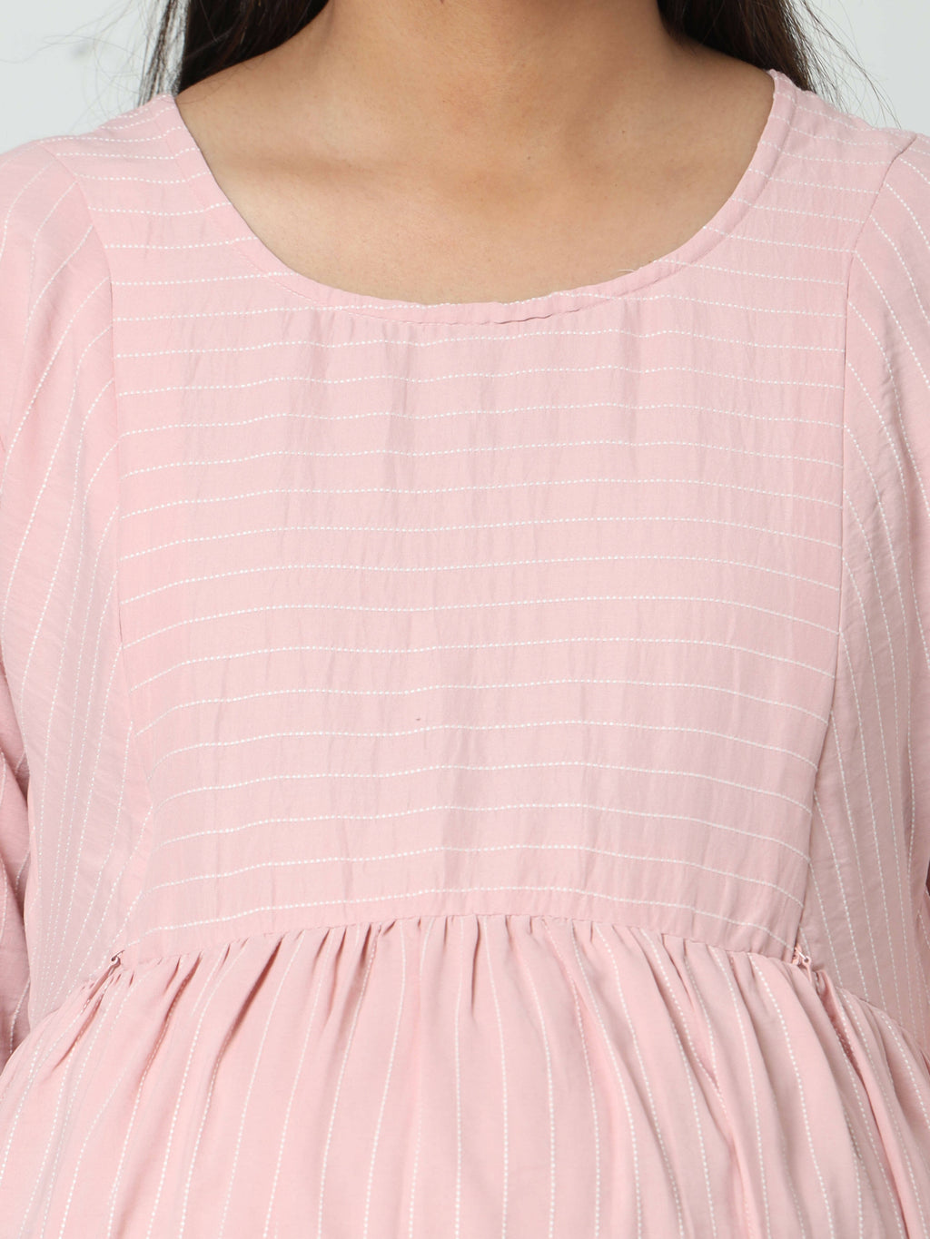 Manet Three Fourth Maternity Dress Striped With Concealed Zipper Nursing Access - Baby Pink