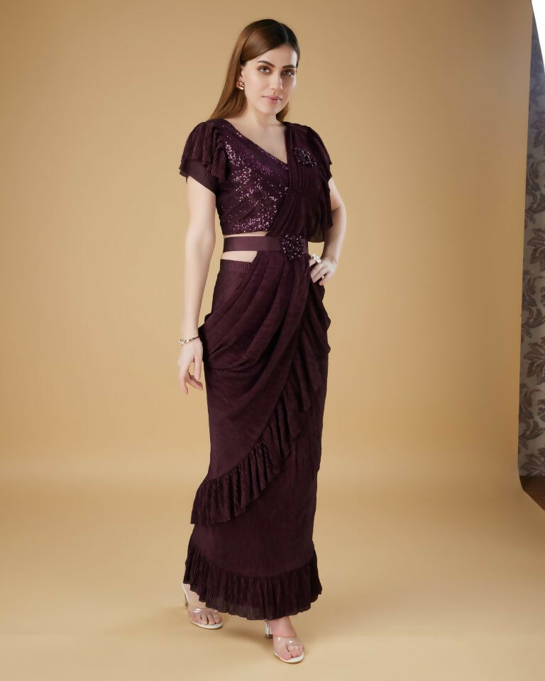 Wine Imported Crush Solid Ready to Wear Saree with stitched Blouse - Aayan