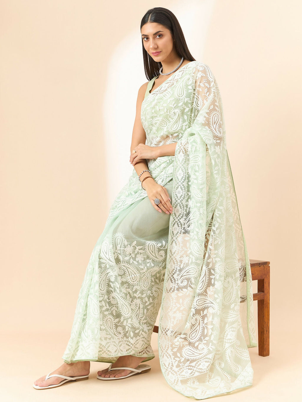 Green Organza Paisely Embroidered Saree with Unstitched Blouse Piece - Roozal
