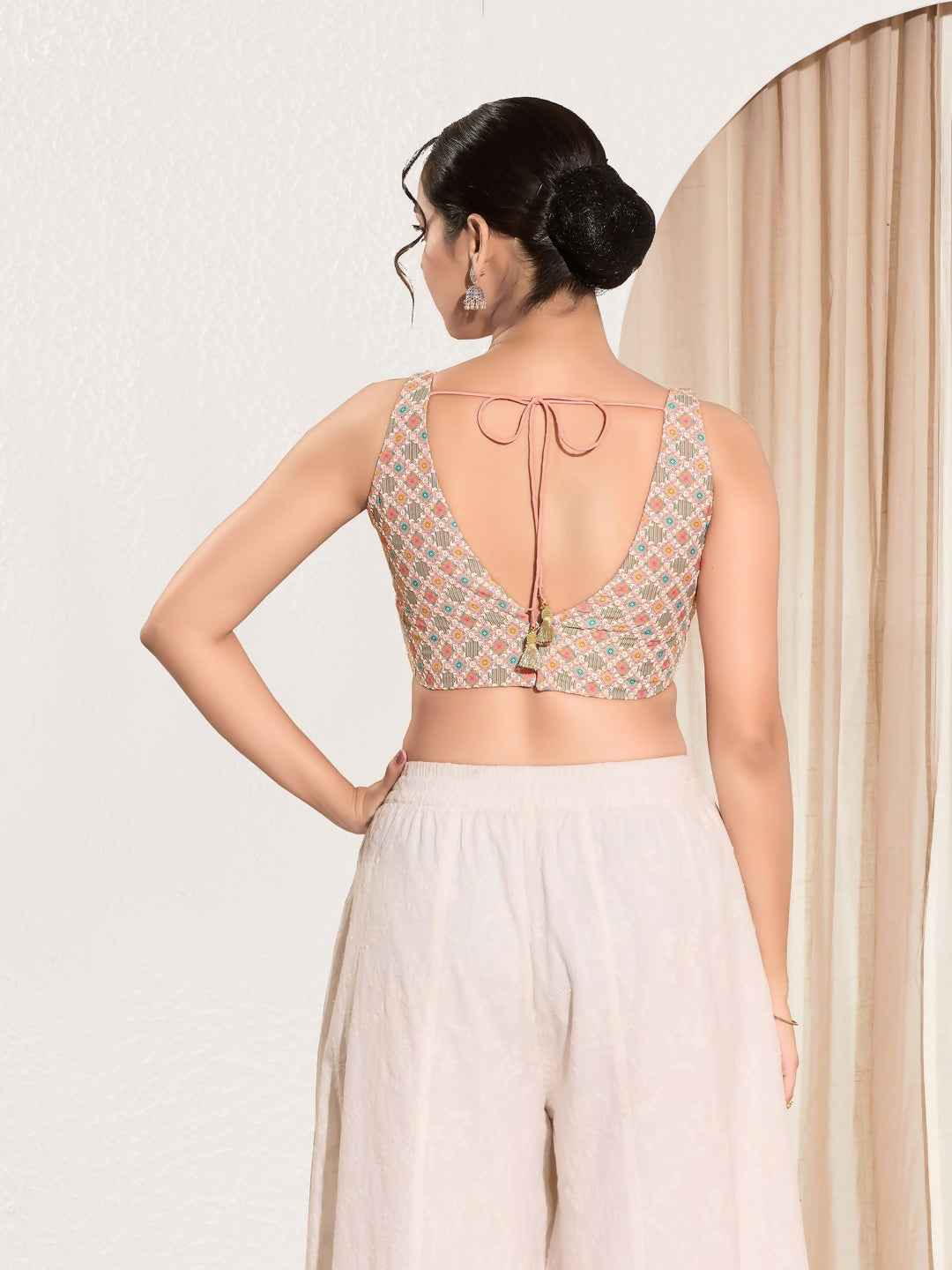 Joban Fashion Peach Jacquard Padded Blouse With V Neck Sleeveless