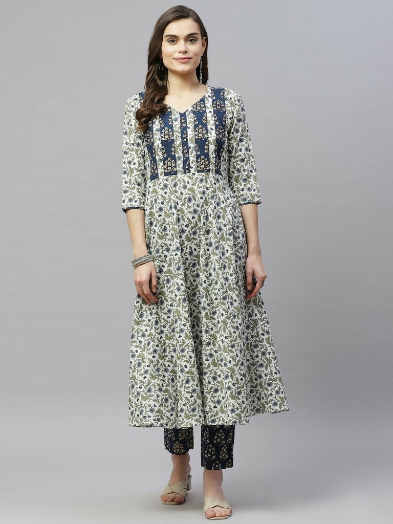 Miravan Women's Floral Printed Anarkali Pure Cotton Kurta With Palazzo Set