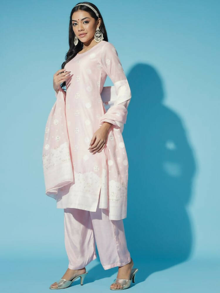 Myshka Women Pink Embroidered Kurta & Trousers With Dupatta