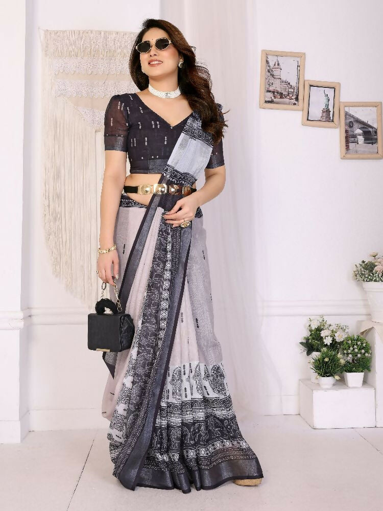 PR Fashion Black Handloom Linen Cotton Zari Saree