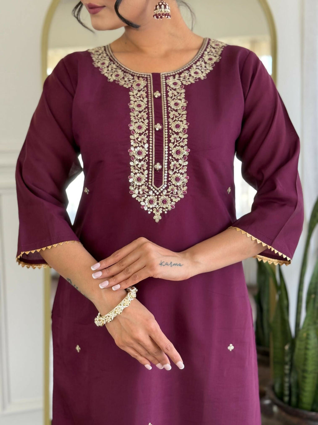 The52 Wine Women's Gorgeous Rayon Fabric Embroidered Work Straight Kurta Pant and Dupatta Set