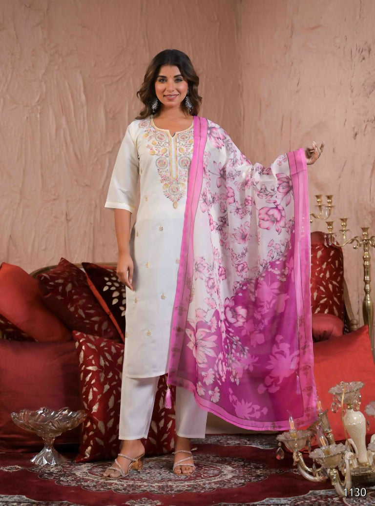 Ethnic Festive Wear Viscose Chanderi White Stitched Suit With Dupatta - Tanisha