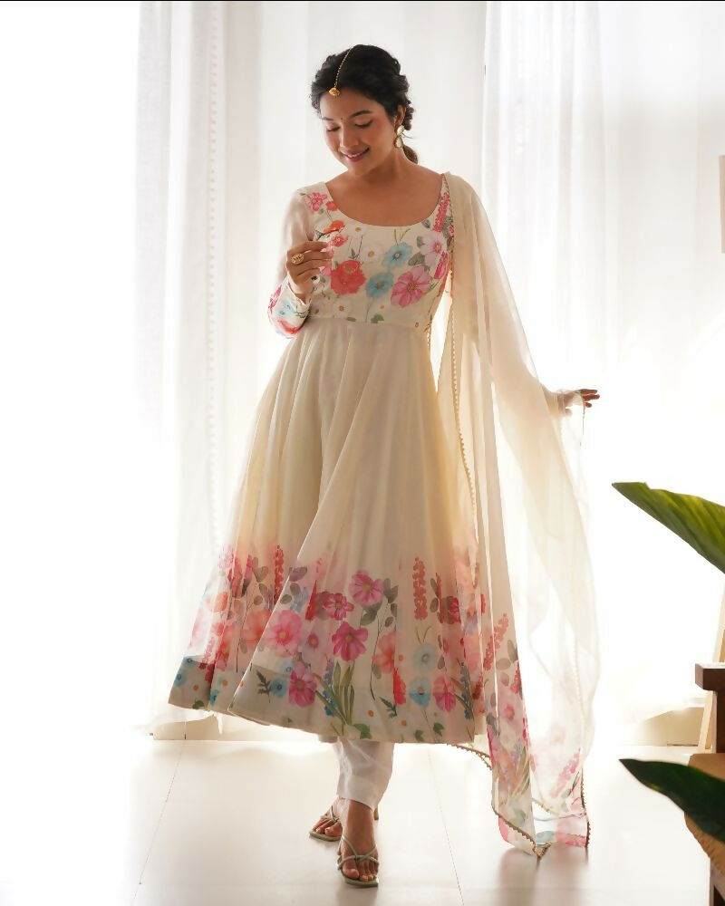 Joban Fashion Cream Kurta Set Organza Sequin Embroidery Work