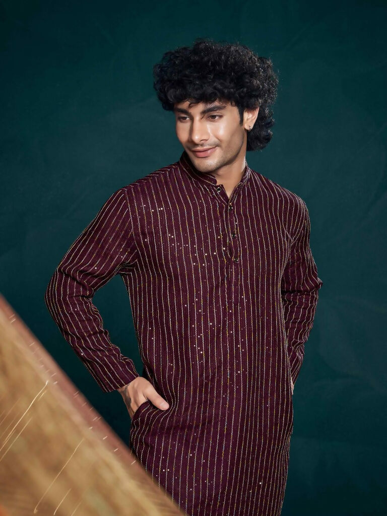 Wine Viscose Designer Sequance Embroidery Work Men's Kurta Set - Mahotsav