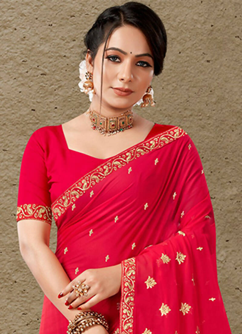 Red Georgette Embroidered Saree with Unstitched Blouse Piece - Avika