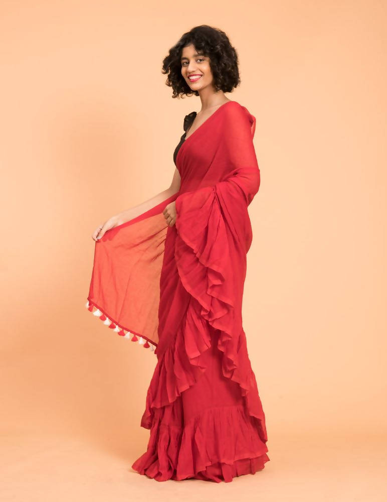 Suta Red Pure Cotton Solid Ruffle Saree