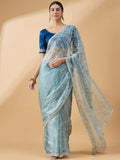 Blue Organza Sequence Embroidered Saree with Unstitched Blouse - Satya