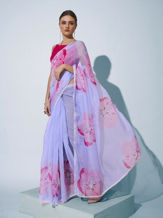 Sky Blue Organza Designer Printed Saree - Shezlin