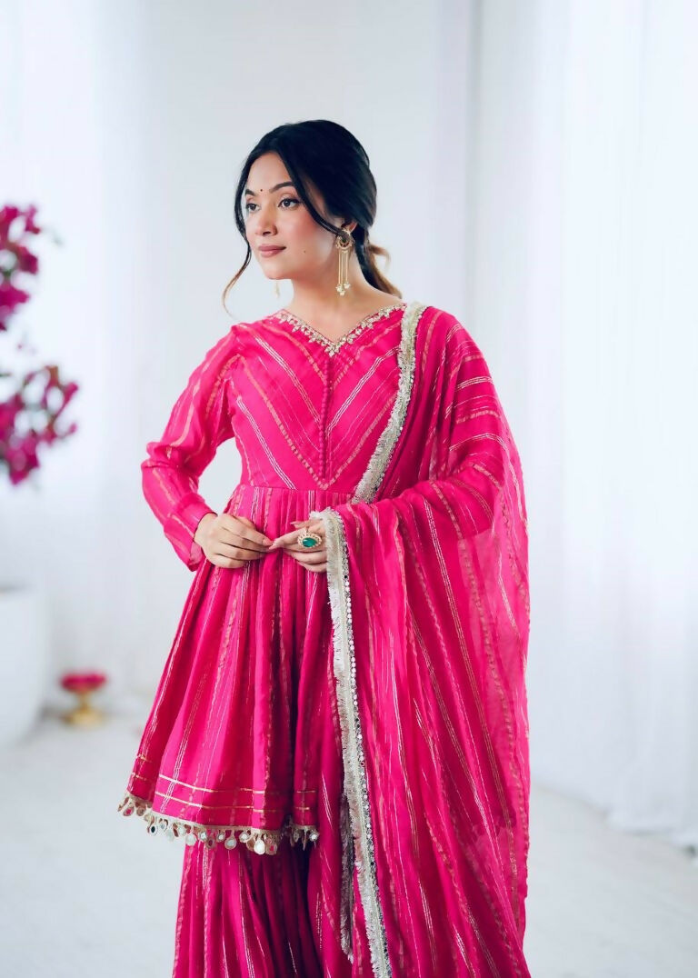 Teeya Creation Pink Color Mal Chanderi Silk Mirror Work And Hand Work Sharara set