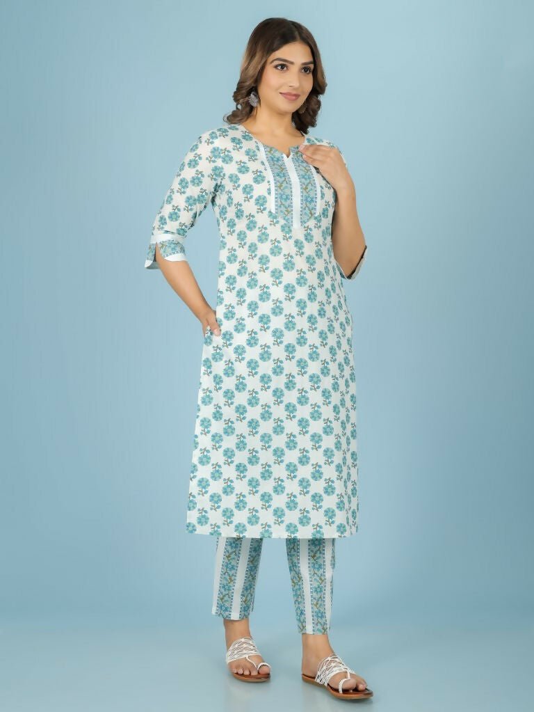 Aramya White Soft Cotton Floral Print Straight Kurta Set for Women