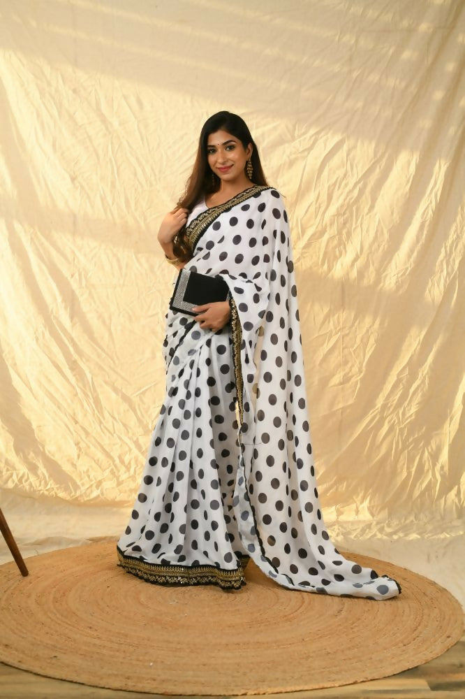 Vamsee Polka Dot Black & White Nylon Saree
