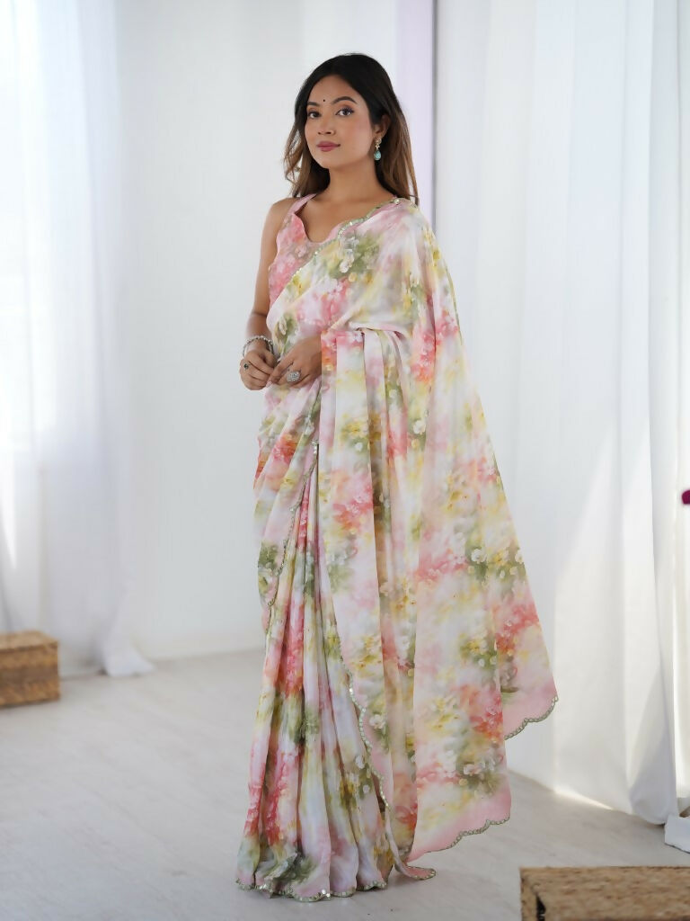 Pink Chinon Designer Digital Printed,Mirror Cut Work Saree - Elayna
