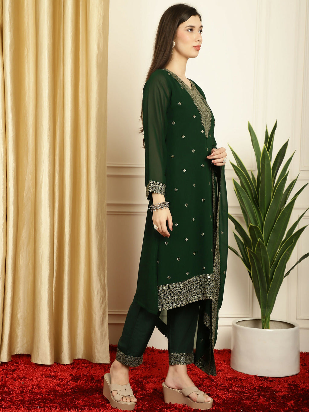 Jyoti Fashion Women's Green Georgette Resham Thread & Sequin Kurta with Trouser & Dupatta