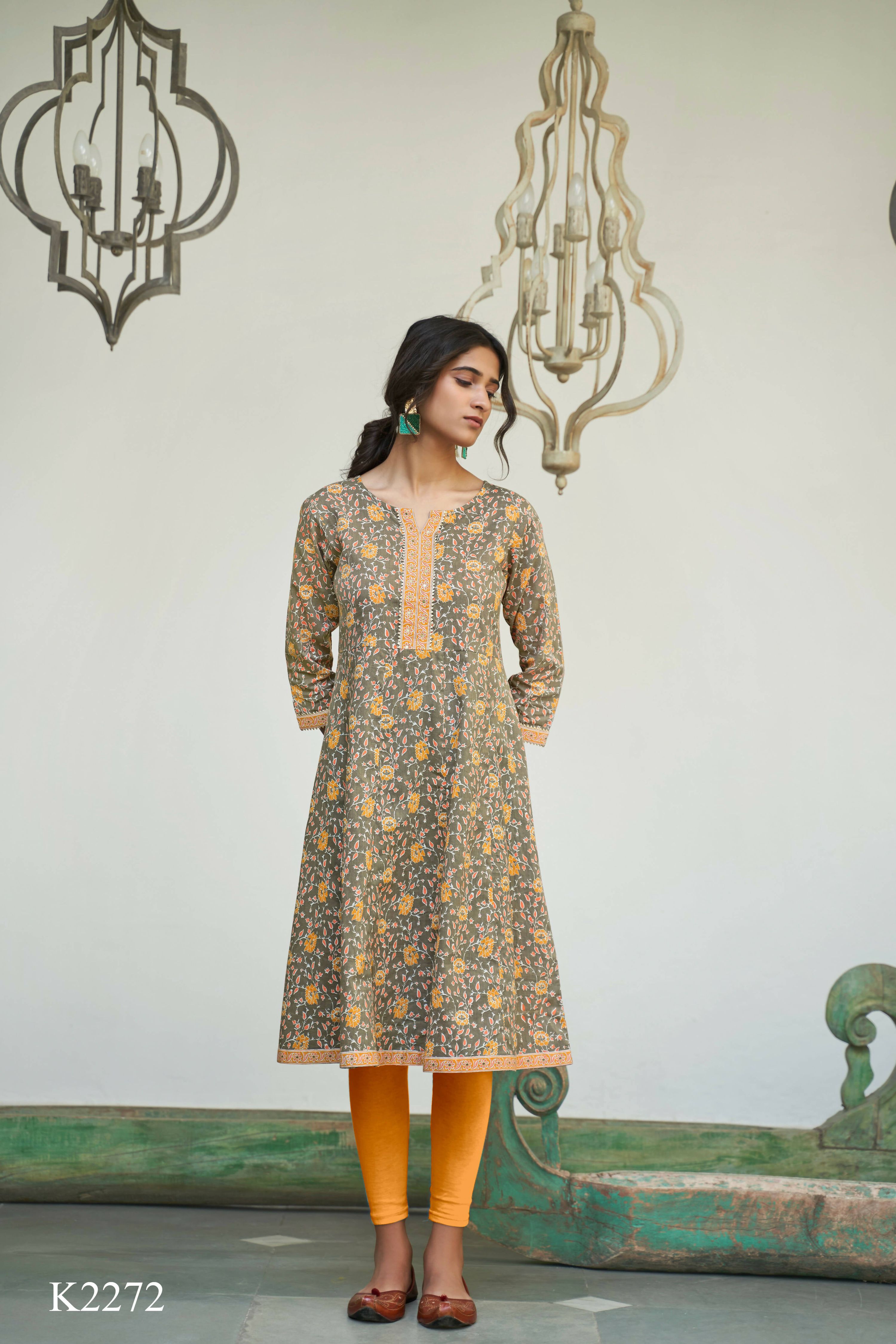 Grey Cotton Floral Printed A line Kurta - Prasuti