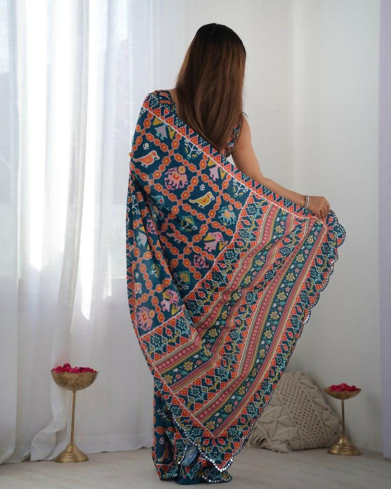 Nevy Blue Chinon Designer Digital Printed & Mirror Cut Work Saree - Kriti