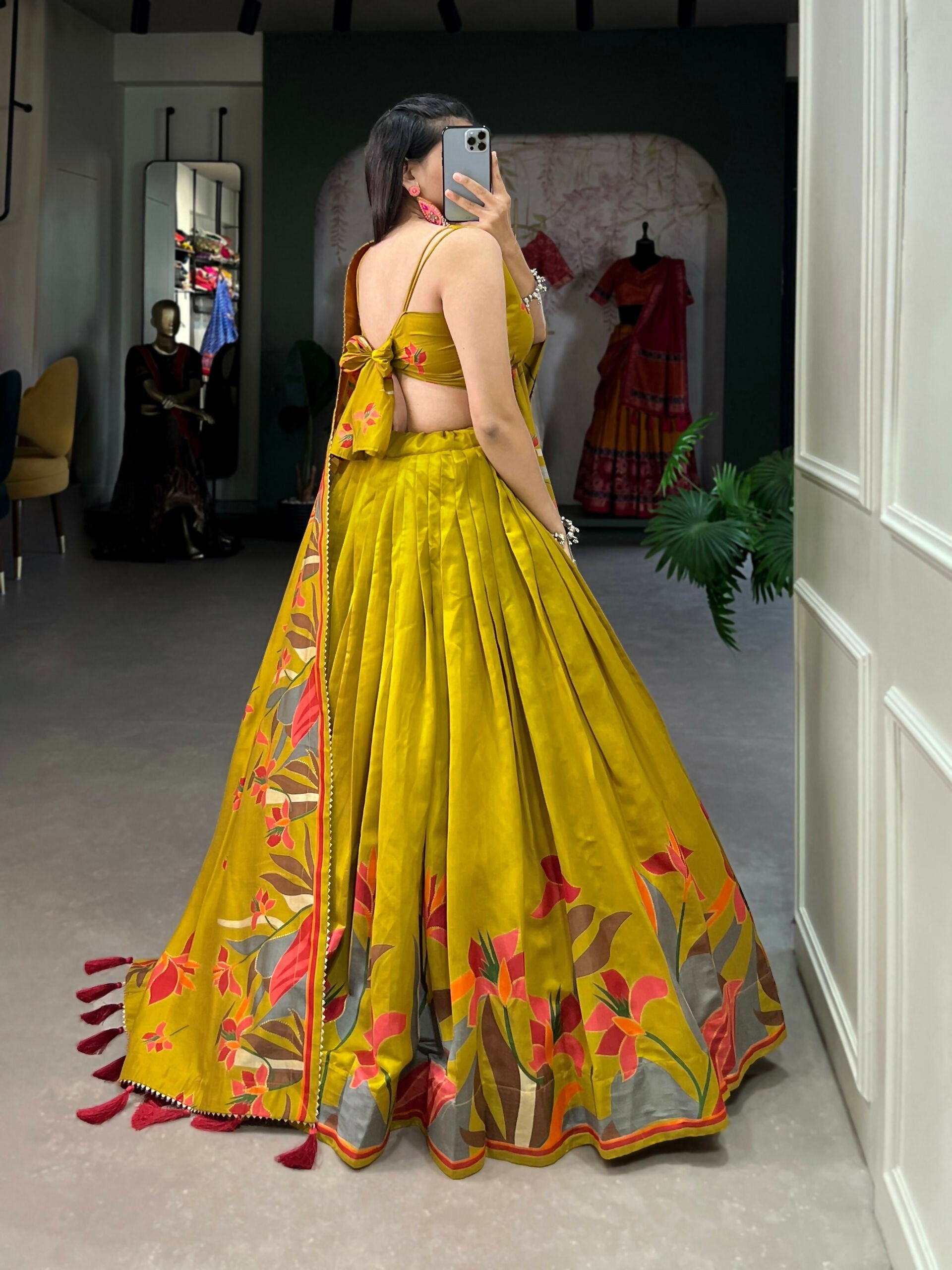 Vastranavya Fancy Floral Print With Foil Work Polyester Viscose Chanderi Lehenga Choli - Mustard