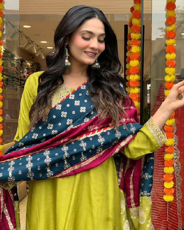 The52 Lemons Women's Gorgeous Embroidered Viscose Chanderi Fabric Straight Kurta Pant with Dupatta Set