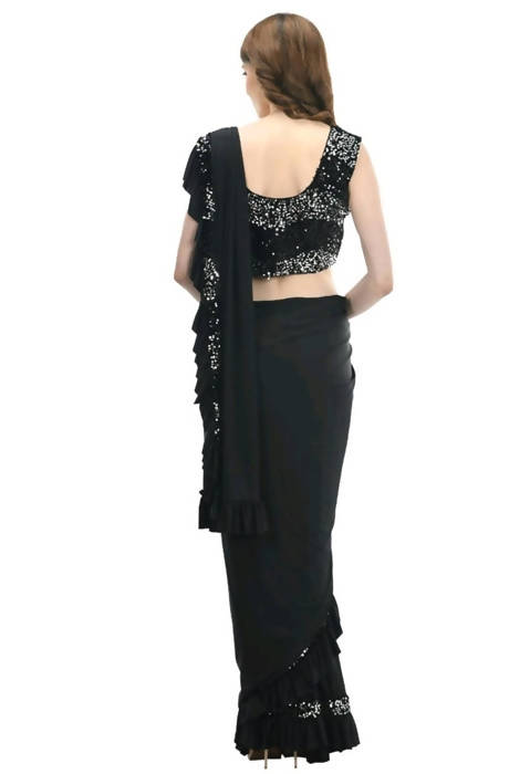 Mominos Fashion All Season Wear Black Ruffled Ready To Wear Saree