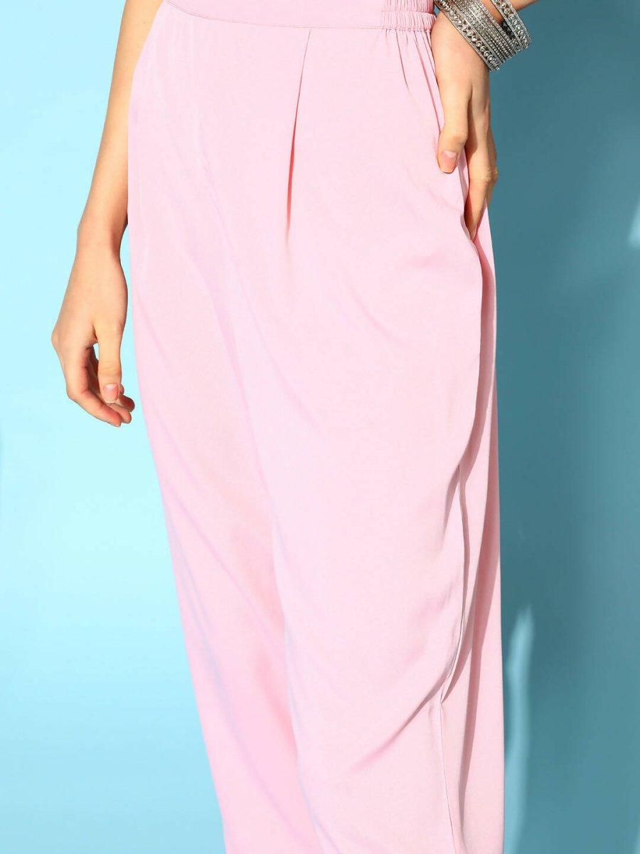 Ahalyaa Women Pastel Pink Colour Organza Glitter Printed Kurta Pant Set With Dupatta