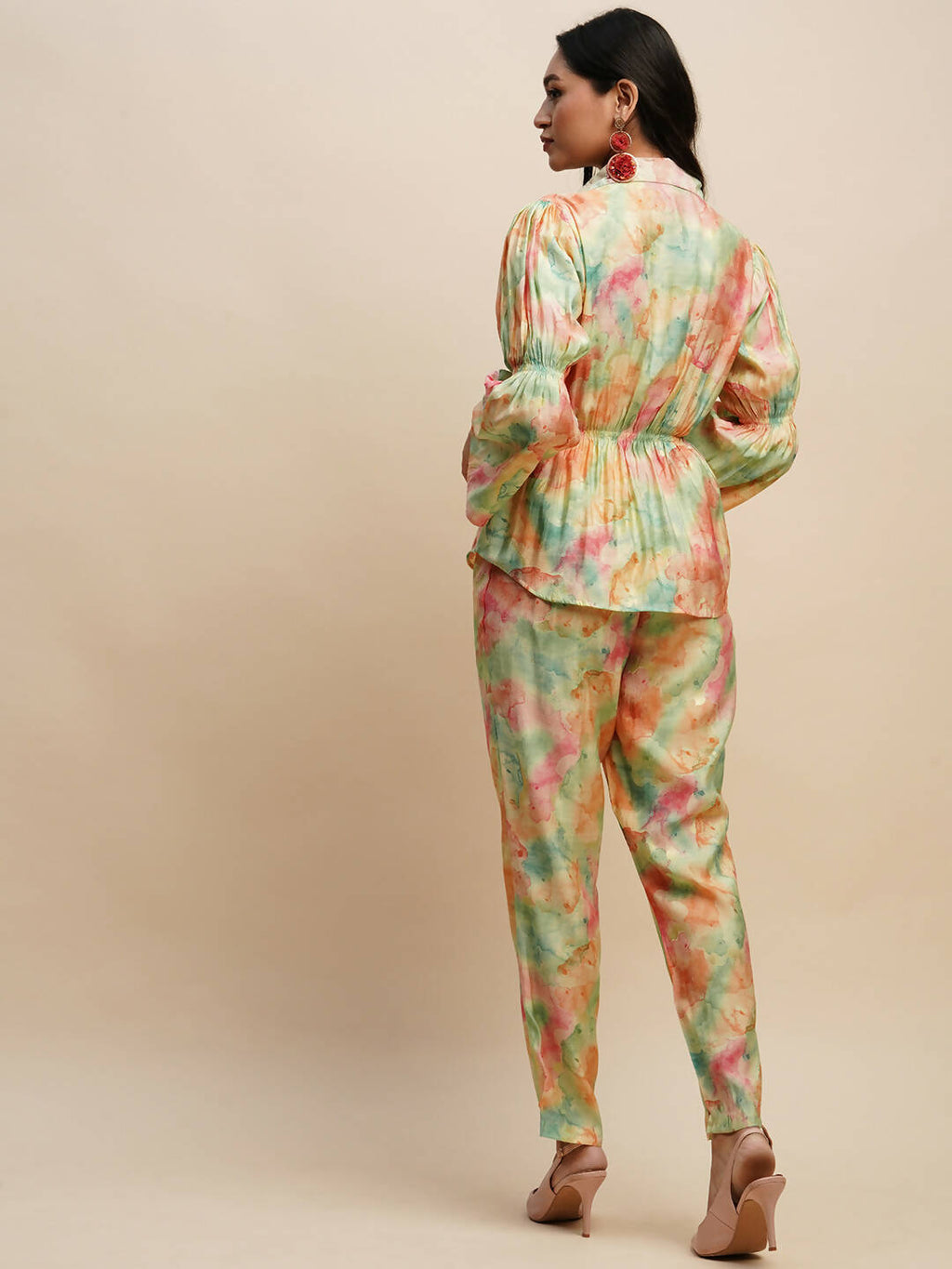 Light Green & Orange Poly Rayon Tie and dye Printed Top with Matching Trouser - Shivani
