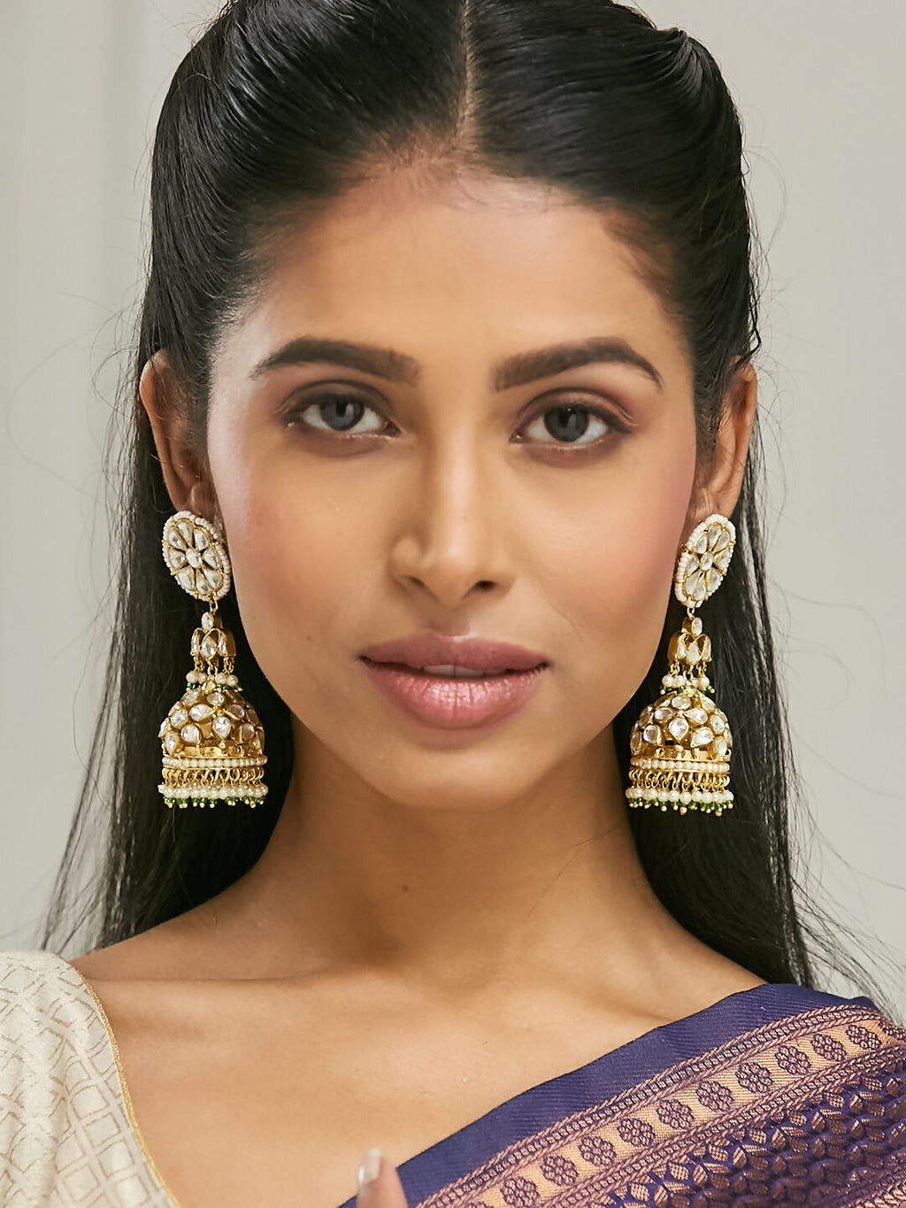Nuyug 22K Gold-Plated Kundan Stone Studded & Pearl Beaded Dome Shaped Jhumkas