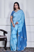 Morchari Sky Blue Crepe Hand Embroidery Saree And Stitched Blouse