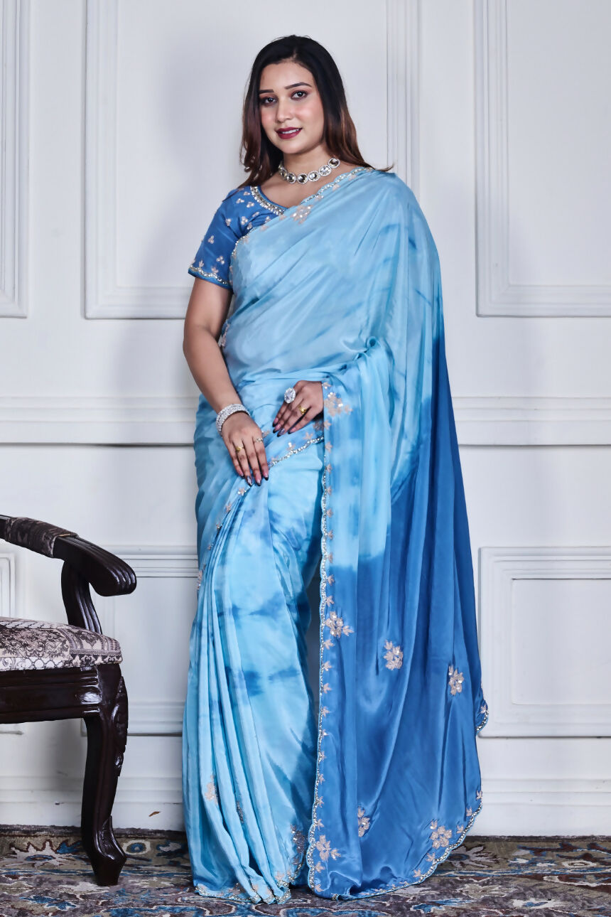 Morchari Sky Blue Crepe Hand Embroidery Saree And Stitched Blouse