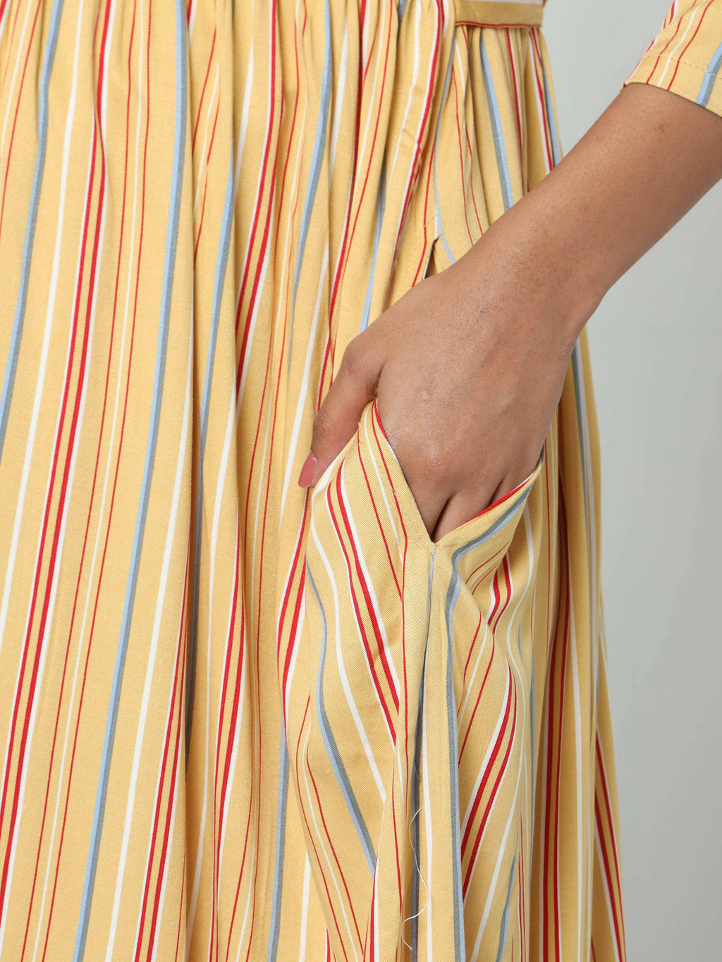Manet Three Fourth Maternity Dress Striped With Concealed Zipper Nursing Access - Yellow