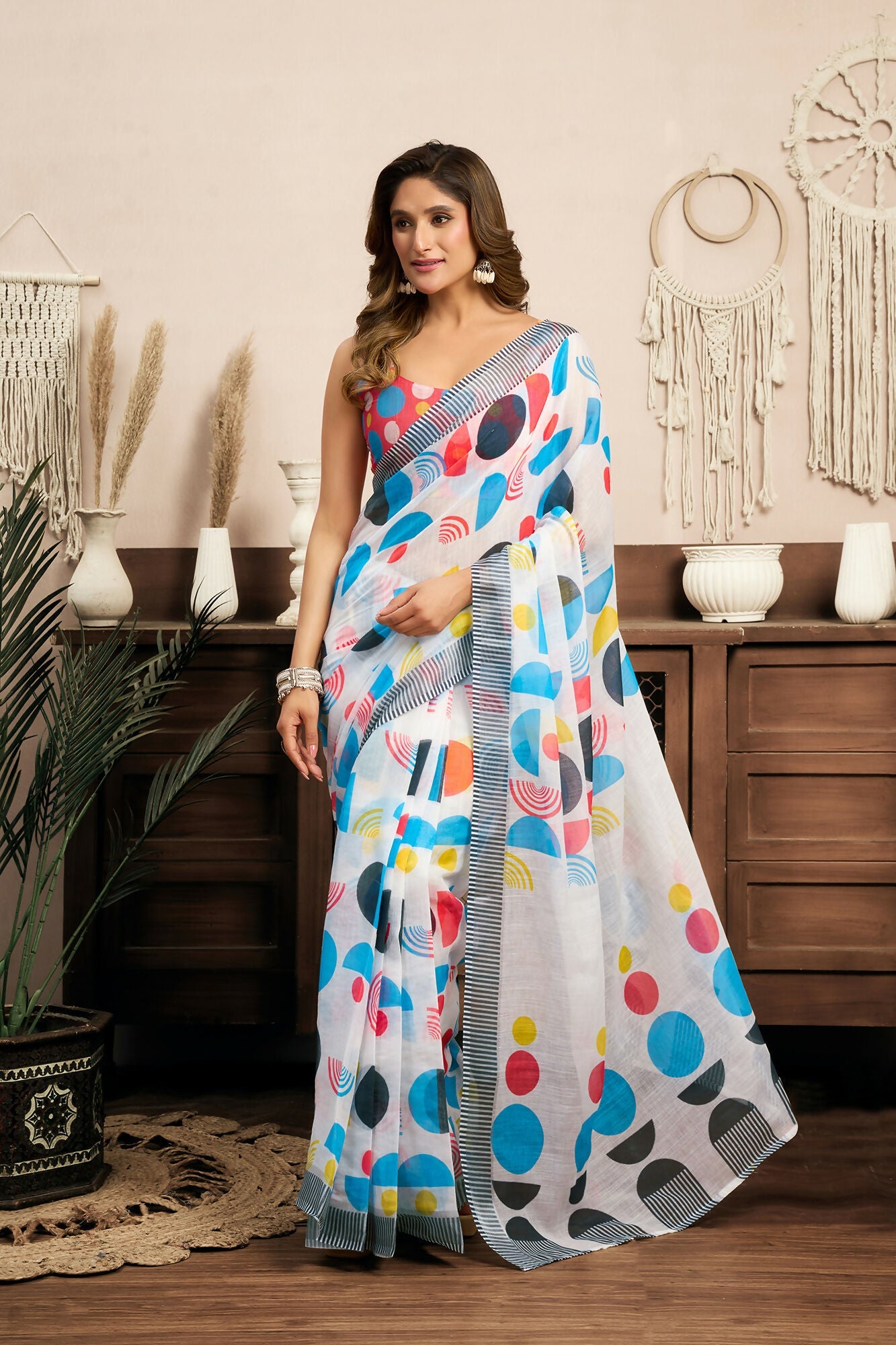Vastranavya Multicolor Digital Printed Linen Ready To Wear Designer Saree with Unstitched Blouse