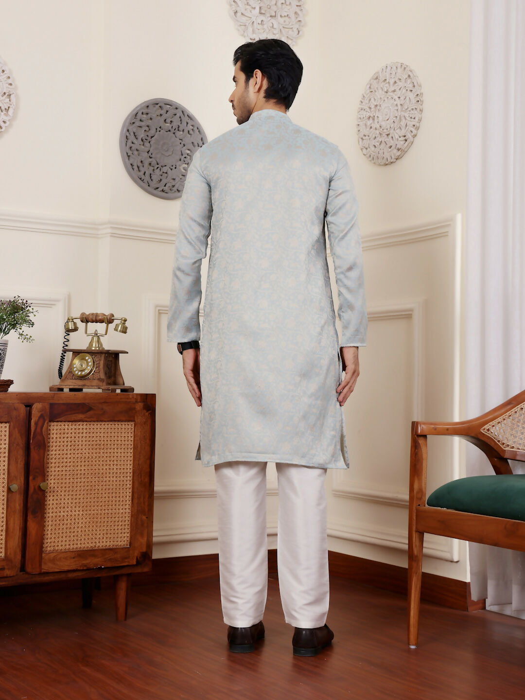 Light Blue Viscose Wevon Designer Men's Rajwadi Kurta Set - Mahotsav