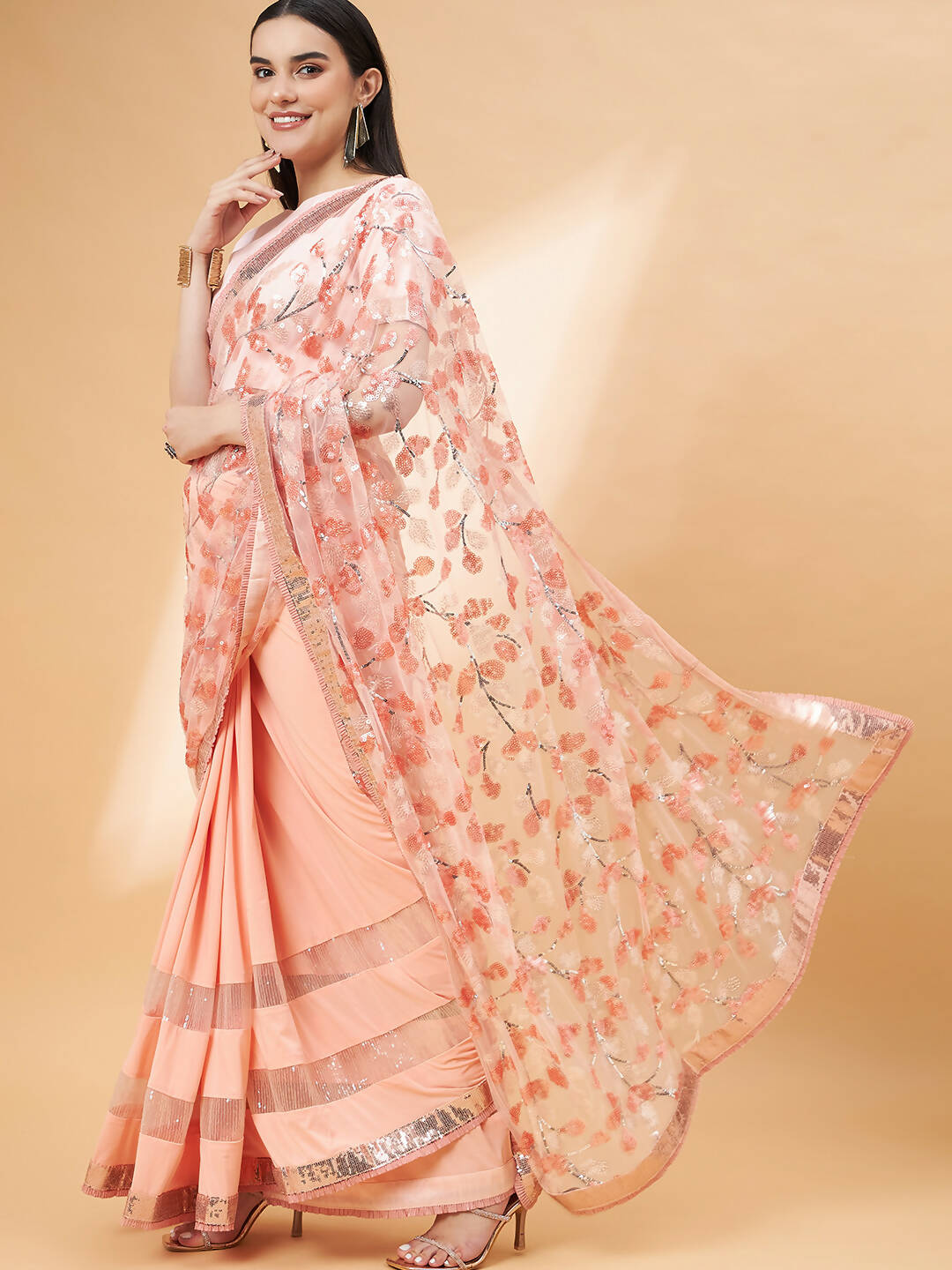 Peach Lycra Sequin Embroidery And Frills Saree - Norita Hit Design
