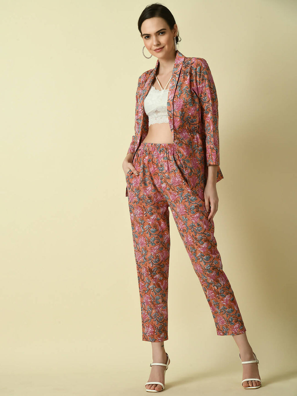 Myshka Women's Multi Shawl Neck Coat With Trousers