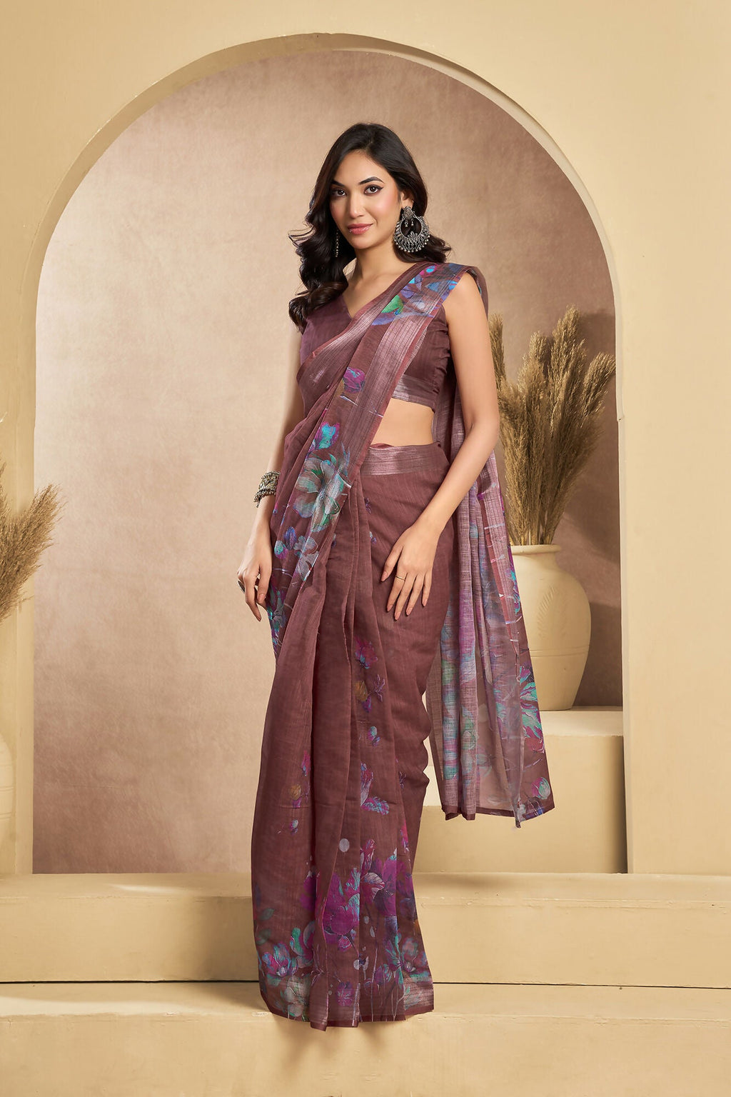 Vastranavya Coffee Digital Printed Linen Ready To Wear Designer Saree with Unstitched Blouse