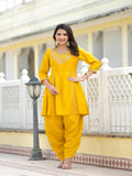 Juniper Women's Mustard Solid Viscose Kurta & Pant Set With Zari & Mirror Work