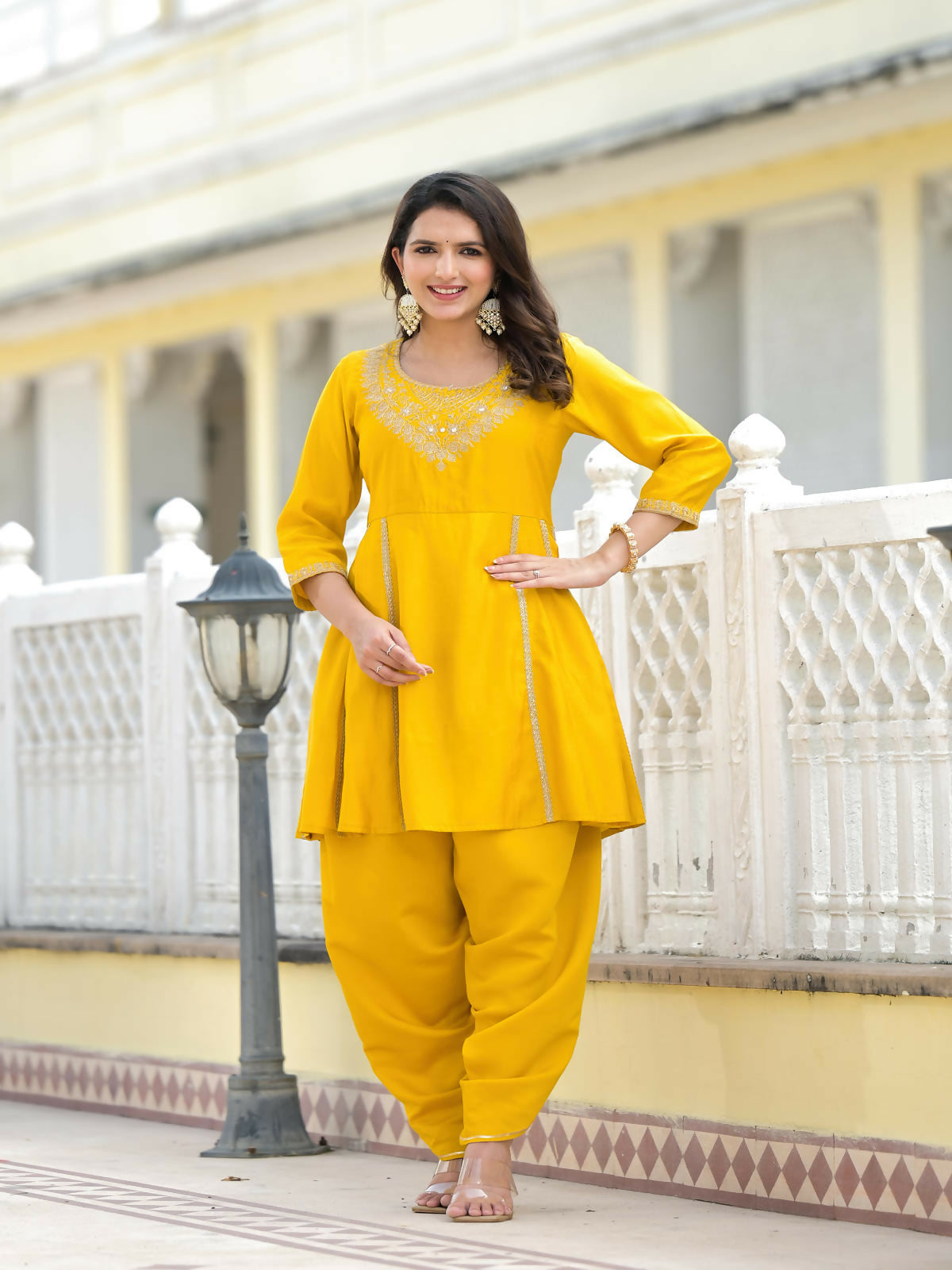 Juniper Women's Mustard Solid Viscose Kurta & Pant Set With Zari & Mirror Work