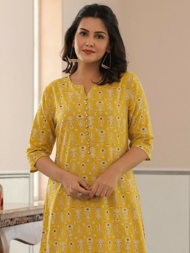 Aramya A-line Soft Cotton Butti Print Women's Kurta - Yellow