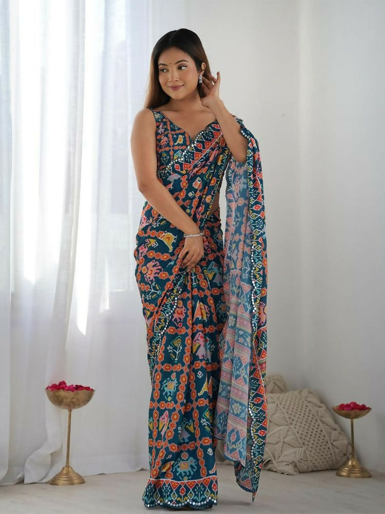 PR Fashion Dark Blue Georgette Digital Print With Mirror Work Saree