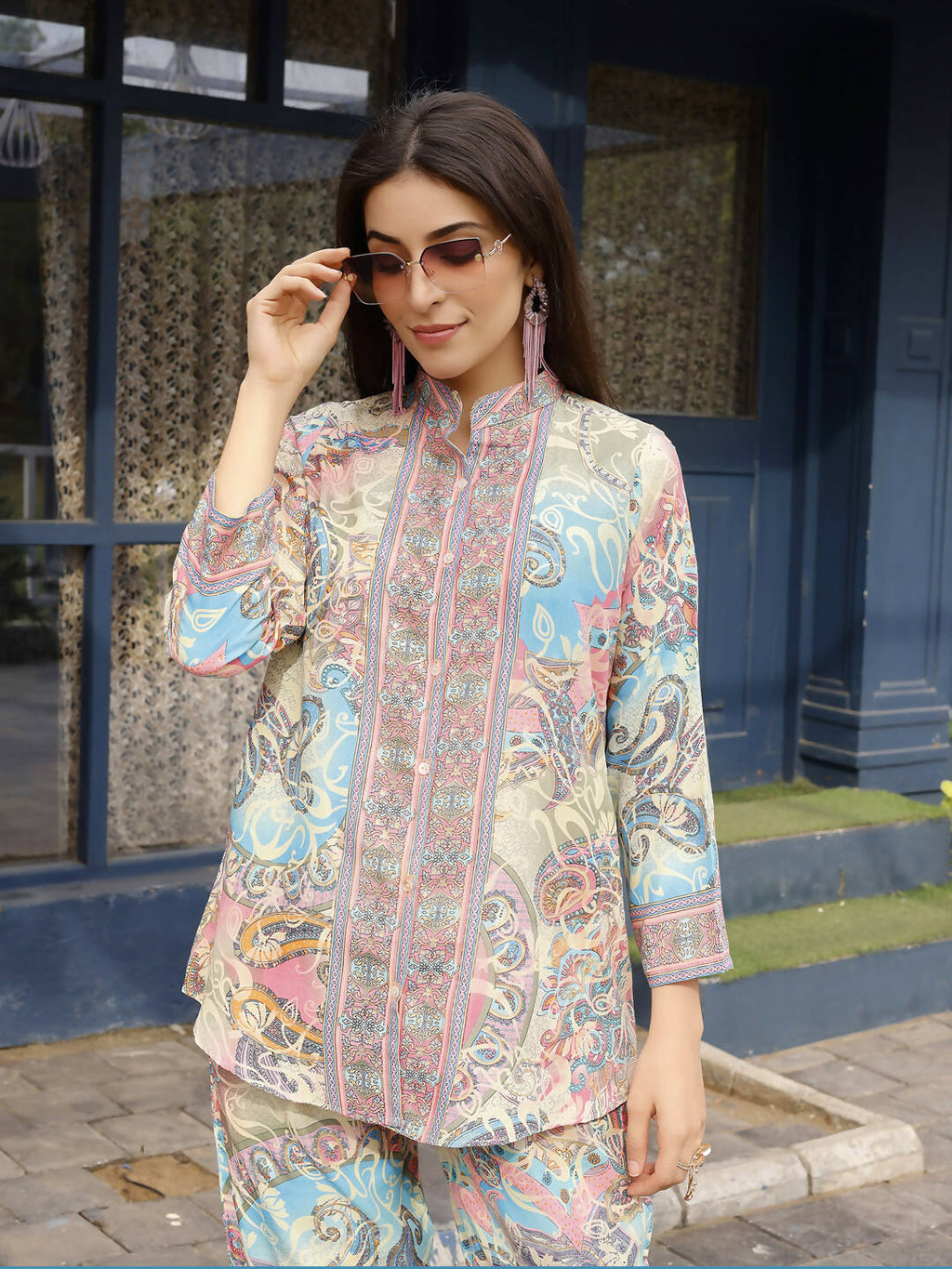 Beige & Pink Rayon Paisley Printed Top with Matching Bottom - Eesha