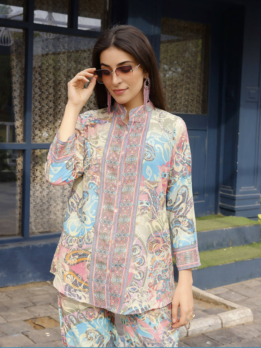 Beige & Pink Rayon Paisley Printed Top with Matching Bottom - Eesha