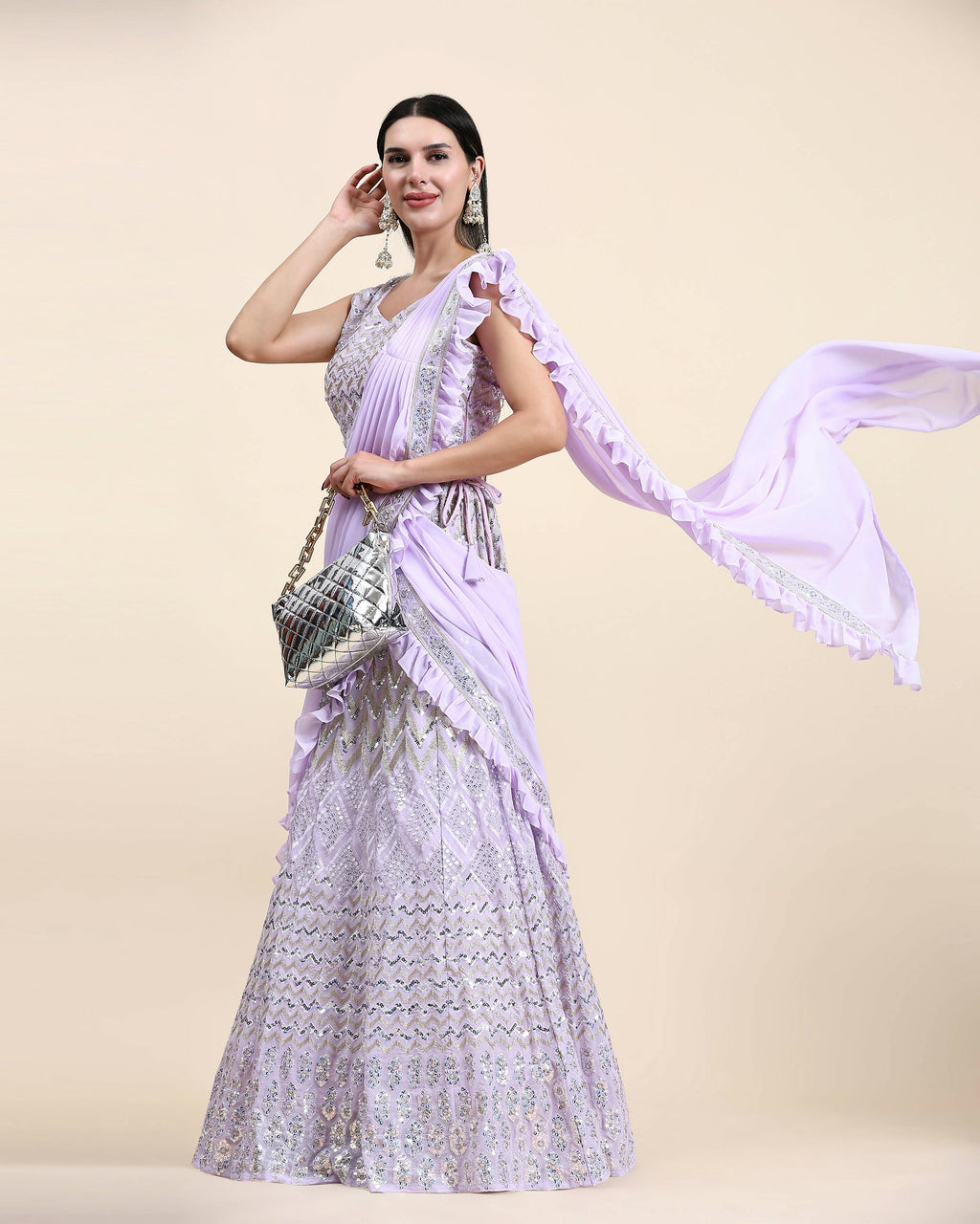 Lavender Pure Viscose Georgette Thread With Sequins Embroidery Work Lehenga Choli With Dupatta - Tanya