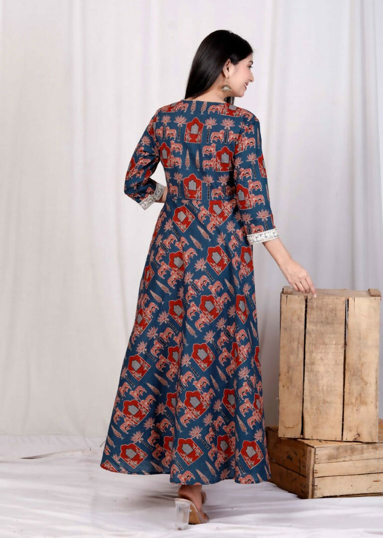 Miravan Women's Pure Cotton Blue Animal Printed Zari Lace Work Yoke Anarkali Kurta