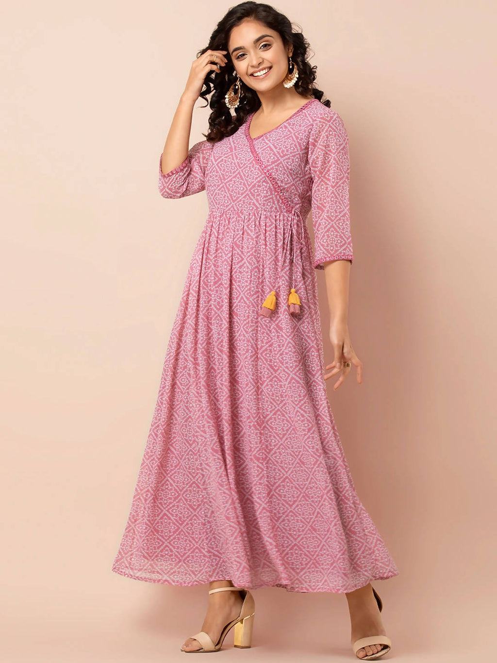 Indya Pink & White Printed Ethnic Maxi Dress