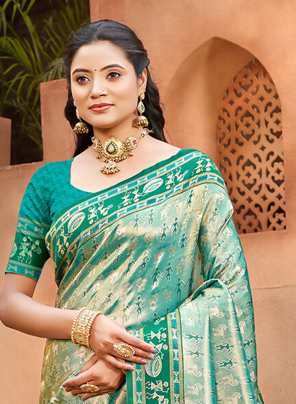 Sangam Prints Sea Green Kanjivaram Silk Woven Work Traditional Saree