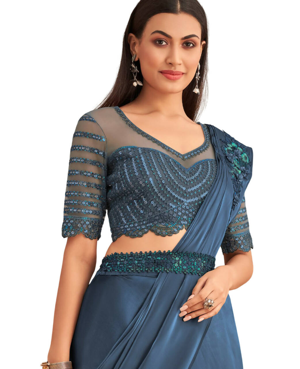 Navy Blue Satin Embroidered Ready To Wear Saree With Unstitched Blouse Piece - Nandika