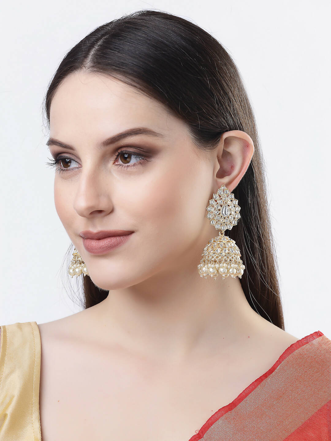NVR Women Gold-Polished Handcrafted Kundan Jhumka Earrings