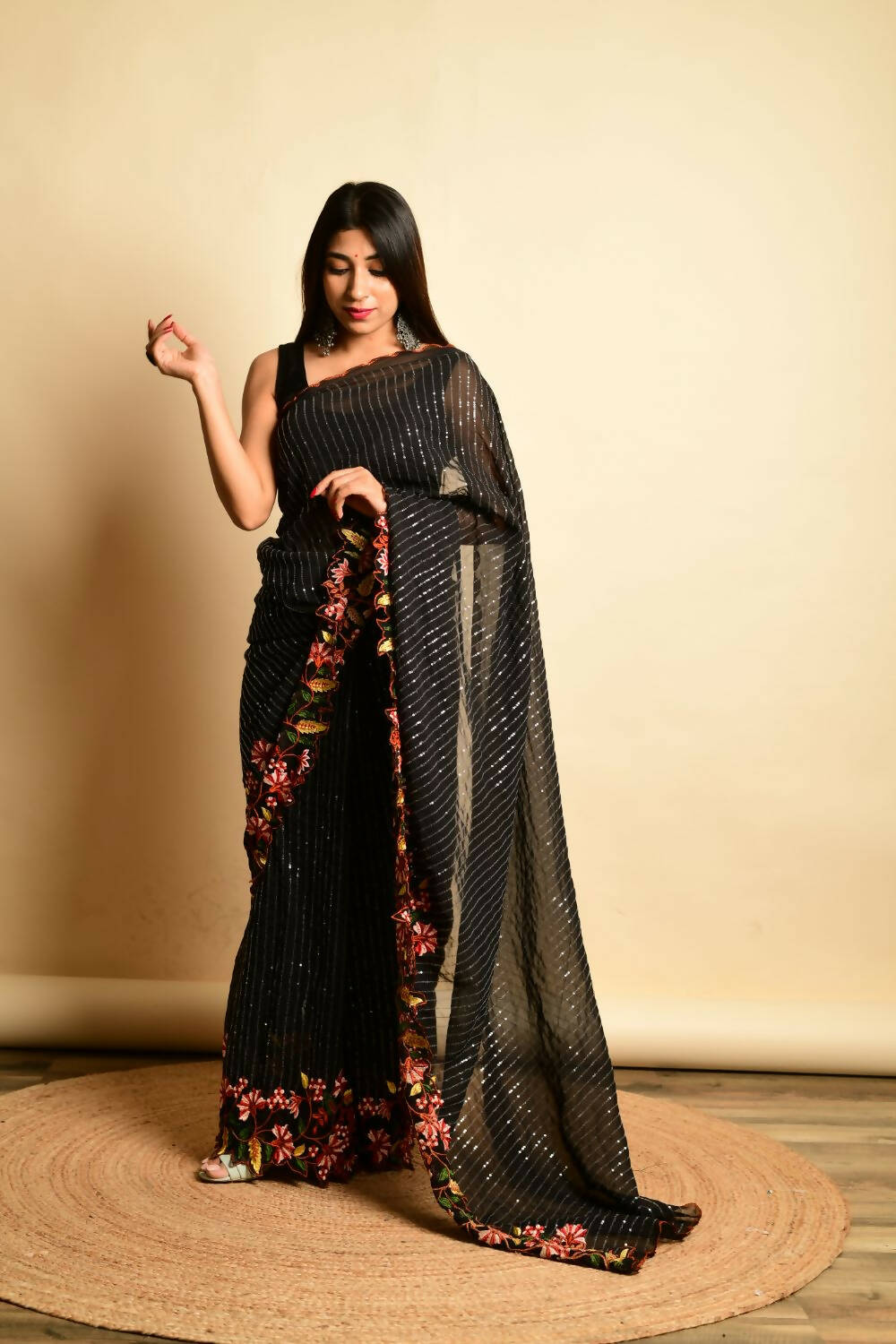 Vamsee Black Georgette Designer Saree